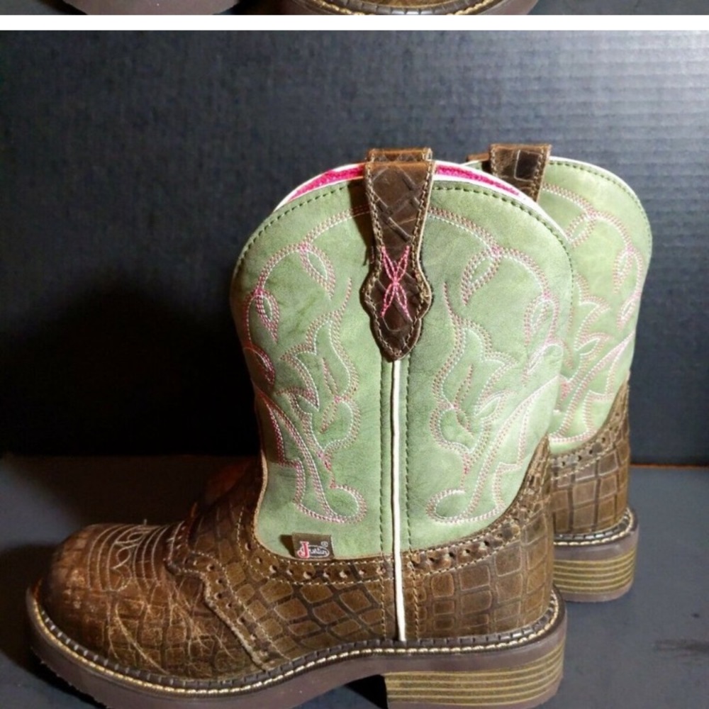 JUSTIN Gypsy Womens Cowboy Western Boots Brown Leather Saddle Green Sz 7 B